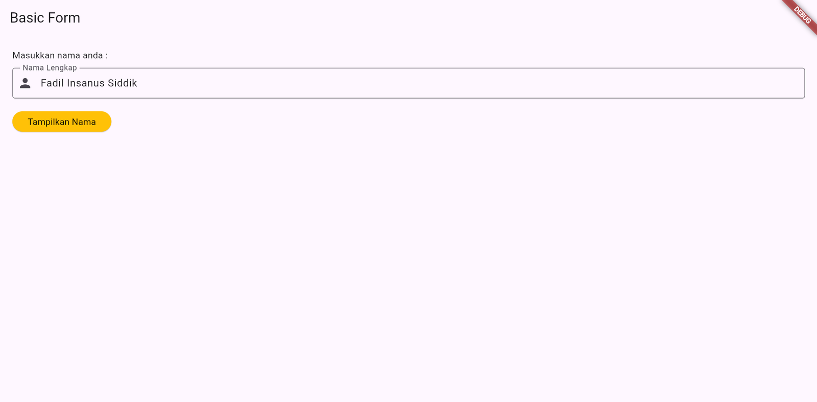 Tampilan aplikasi basic form dengan TextField
