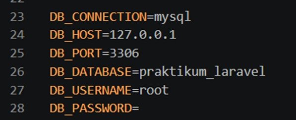 Konfigurasi database praktikum_laravel pada file .env