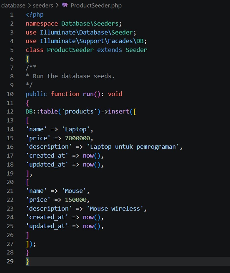 Kode ProductSeeder untuk mengisi data products