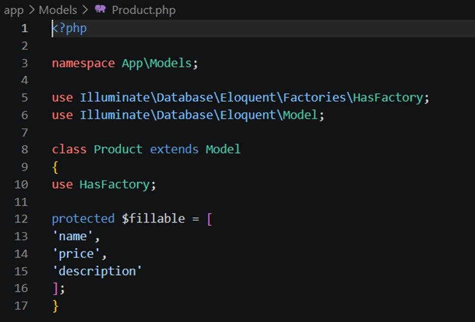 Kode model Product dengan property fillable